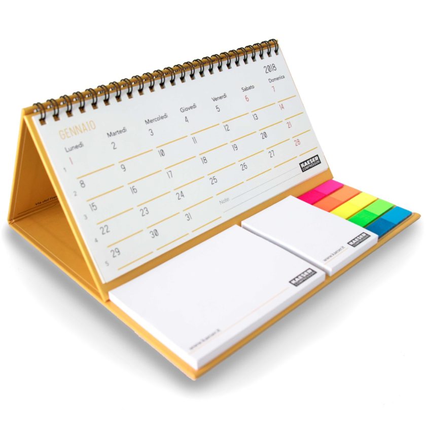 gadget Calendario da tavolo su base rigida con 2 blocchi adesivi e spirale